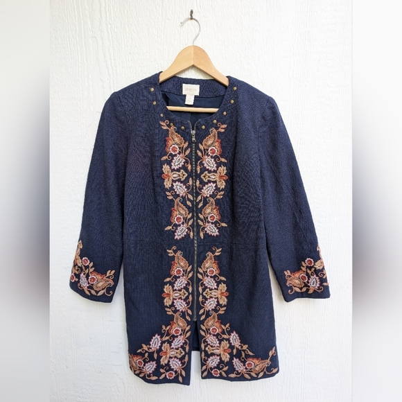 Chico's Floral Embroidered Jacket Navy Blue Full Zip Women's Size 1 (Small US 8) - Picture 1 of 5